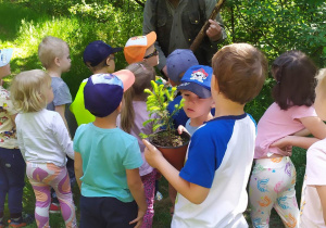 Dzieci przygotowują się do sadzenia drzewa.