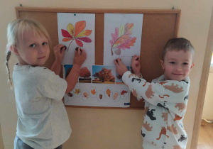 Dzieci przyporządkowują dary jesieni do odpowiednich liści